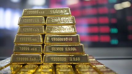 Stacked gold bars standing tall representing a safe and secure investment juxtaposed with a fluctuating market board symbolizing the potential for economic growth and financial prosperity