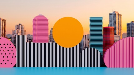 Striking 3D of a modern cityscape with a vibrant pop art inspired backdrop featuring neon geometric...