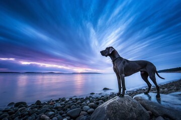 Captivating Long Exposure Photography of a Serene Blue Dane Amidst a Dreamy Landscape with Soft Waves and Gentle Movement in the Background at Twilight