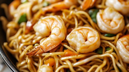 Closeup shot of Chinese shrimp lo mein with stirfried noodles shrimp and vegetables served in a bustling Chinese street food market