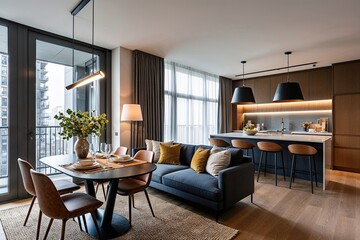 Chic Urban Apartment Design Featuring Cozy Dining Nook and Generous Living Room in Modern Style