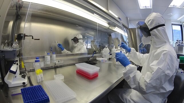 Team of Scientists Wearing Full Protective Equipment Carrying Out Detailed Cell Research and Analysis in a Highly Controlled Laboratory Environment for Scientific Advancement