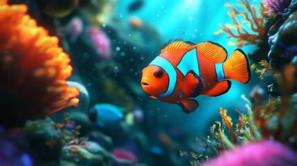 Fototapeta premium Underwater scene showcasing a vibrant and thriving coral reef ecosystem filled with an array of exotic and captivating fish species that pique the curiosity and fascination of the observer