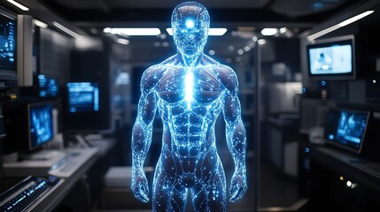 Digital representation of a human body within a high-tech environment.