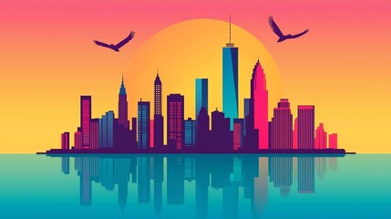 Fototapeta premium Vibrant and Colorful Pop Art Style City Skyline with Retro Futuristic Aesthetic Depicted in a 3D Format The Silhouetted Skyline is Reflected in the Calm Water Below