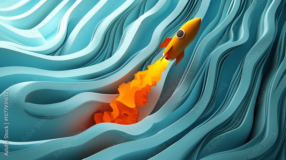 Poster vibrant 3d depicting a powerful rocket soaring upward through a dynamic backdrop of undulating blue 