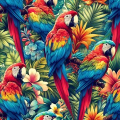 Obraz premium A colorful parrot pattern with close-up illustrations of parrots in various positions