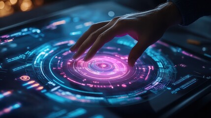 Obraz premium A hand interacting with a futuristic touchscreen interface displaying vibrant digital graphics.