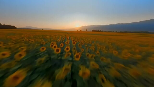 swoop over a sunflower field at dawn, golden light illuminating petals