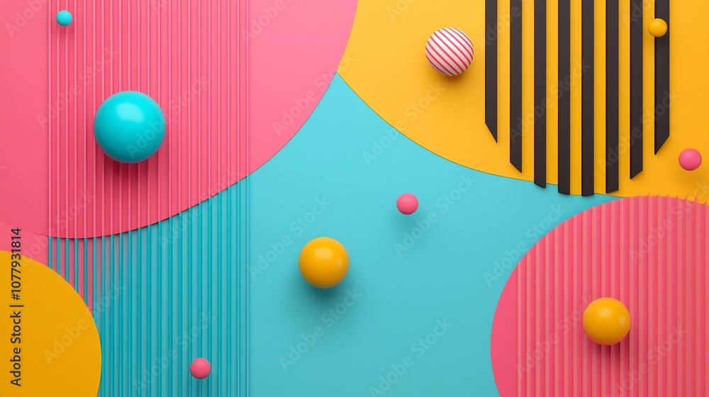 Poster vibrant abstract geometric pop art background featuring a dynamic composition of 3d shapes spheres c