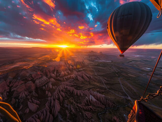 Obraz premium The peaceful view from a hot air balloon at sunset, with the sky glowing in vibrant colors and the landscape spread out below.