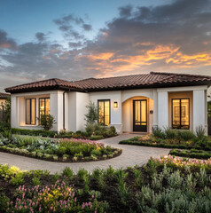Fototapeta premium single story suburban home, clay tile roof, garage in the front, mediterranean roof,bcalifornia landscaping, garage in front