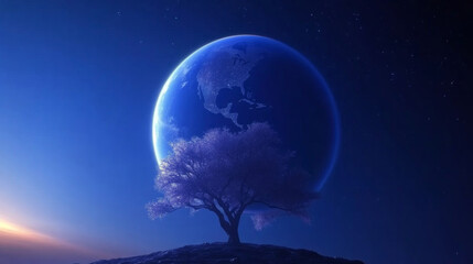 Curtains Earth with cherry blossom tree  in space universe planet with shiny star dark blue technology science background with copy space. astronomy starry sky shimmering surreal wallpaper