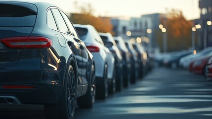 Obraz premium A row of parked cars in a modern urban setting during sunset.
