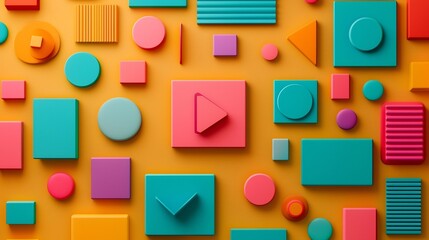 Vibrant and Playful Retro Pop Art Collage Composed of Colorful 3D Geometric Shapes Patterns and Abstract Designs  A Stylized and Experimental Multimedia Composition with a Modern Minimalist Aesthetic