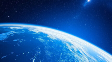 Fototapeta premium Earth in space universe planet with shiny star dark blue technology science background with copy space. astronomy starry sky shimmering glow wallpaper