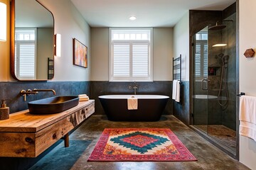 Luxury Bathroom Design with Unique Sink Freestanding Bathtub Elegant Shower and Smooth Polished Cement Flooring