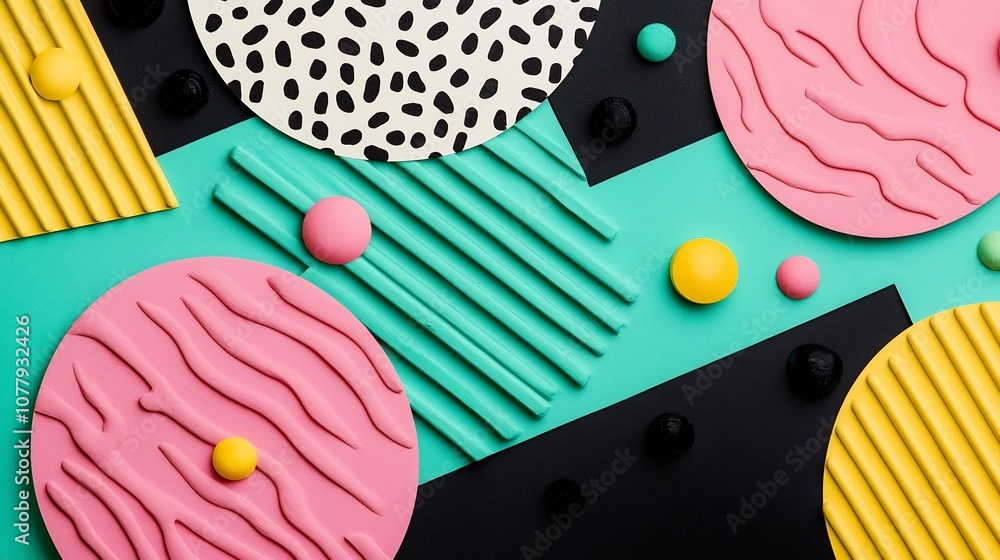 Poster vibrant and playful pop art collage featuring a dynamic mix of colorful shapes patterns and 3d illus