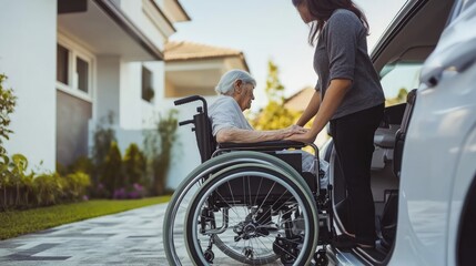 Woman Helping Elderly Person in Wheelchair Enter a Car