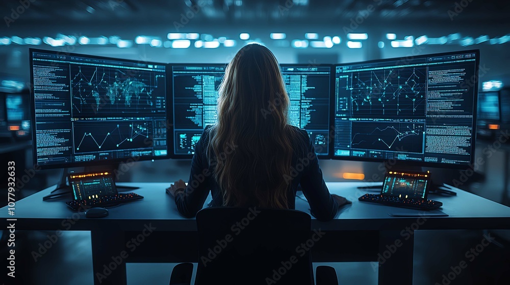 Poster woman working at multiple monitors, analyzing data in a modern tech environment.