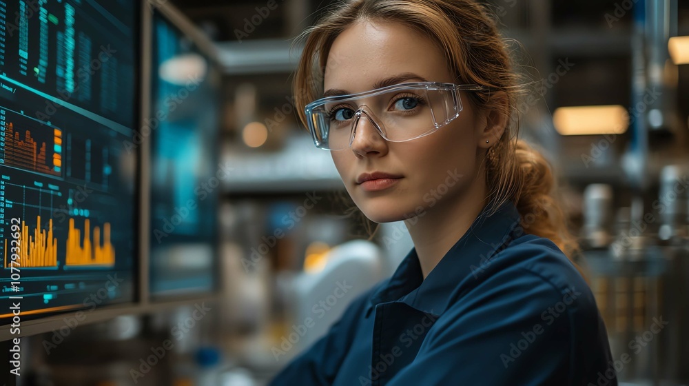 Poster young woman working in a tech environment with data analysis on a screen.
