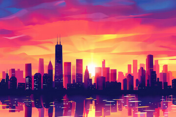 The skyline of a modern city silhouetted against a vibrant sunset, with the sky filled with warm hues of orange and pink.