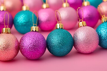 Obraz premium Colorful Christmas Ornaments on Pink Background