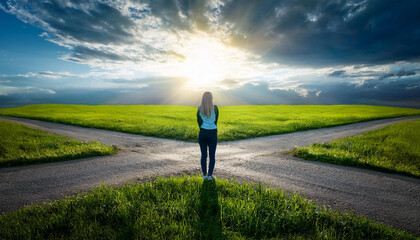 A person standing at a crossroads and choosing a path without hesitation, symbolizing decisiveness in making life choices
