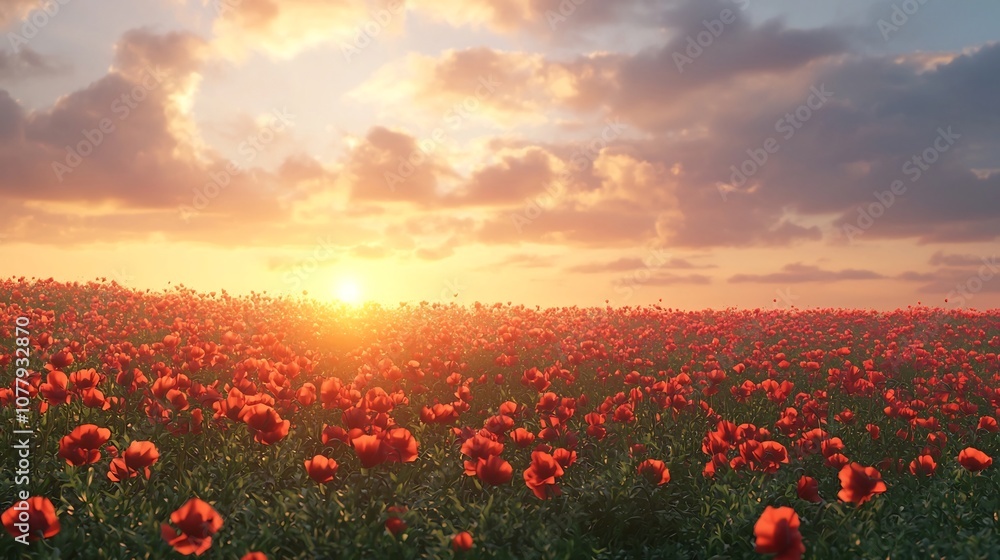 Poster vibrant field of red poppies with a peaceful sky at dawn or dusk creating a scenic and atmospheric l