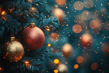 Photography of Christmas tree and ornaments decorations around it with festive atmosphere background.