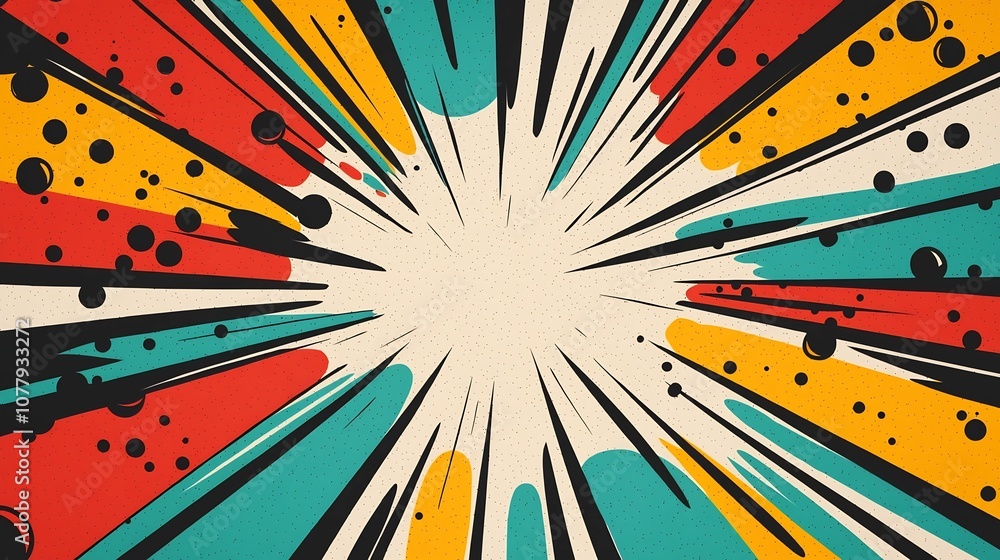 Poster vibrant pop art explosion of colorful dots and dynamic shapes in bold hues with an engaging comic 3d