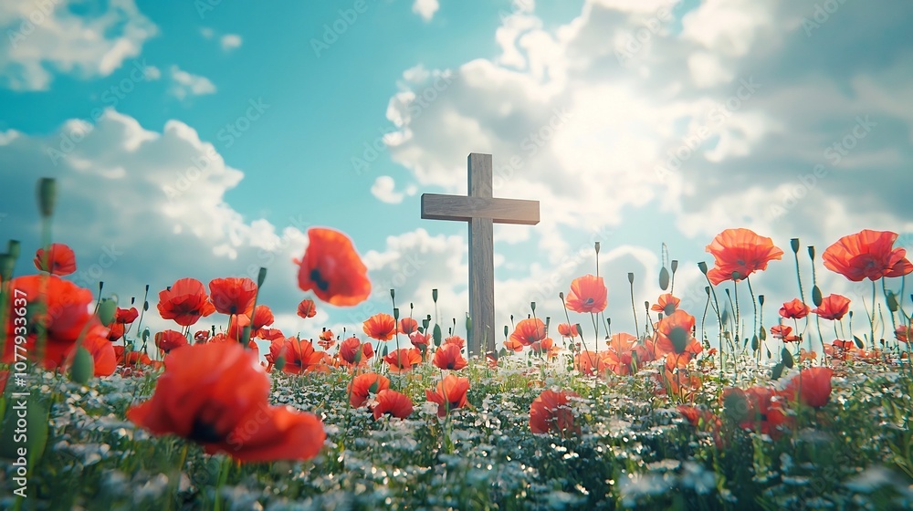 Poster vibrant red poppy field with a simple wooden cross in the background symbolizing remembrance and fai