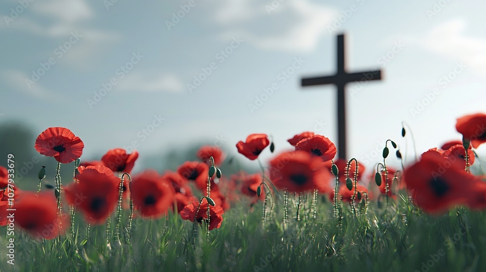 Poster vibrant red poppy flowers gently swaying in the breeze with a simple wooden cross in the background 