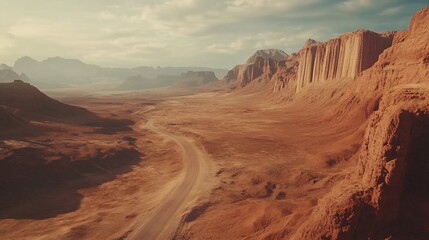 Fototapeta premium A winding road through a vast, red desert with towering rock formations in the distance. The sun casts long shadows on the landscape.
