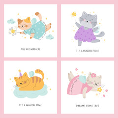 Fototapeta premium Children magic posters set with fairy tale cats