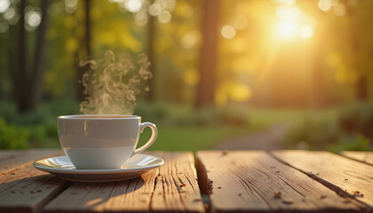 Obraz premium cup of coffee on wooden table in serene forest at sunrise, natural background 