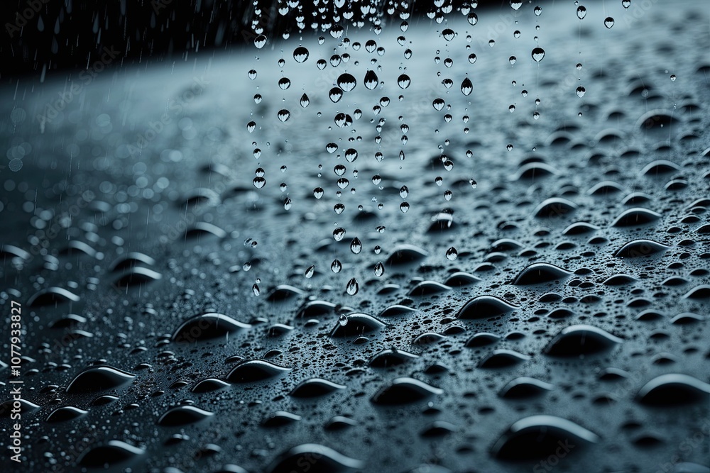 Poster dynamic 3d visualization of isolated raindrops falling on dark surfaces