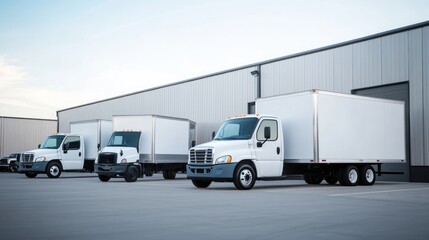 Fototapeta premium Three Delivery Trucks Parked Outside a Warehouse