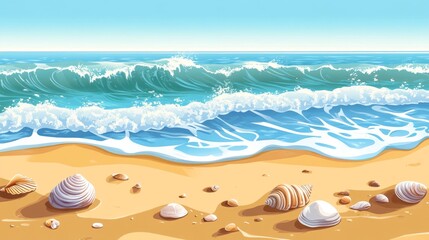soft waves lapping against a sandy beach with seashells and pebbles scattered around