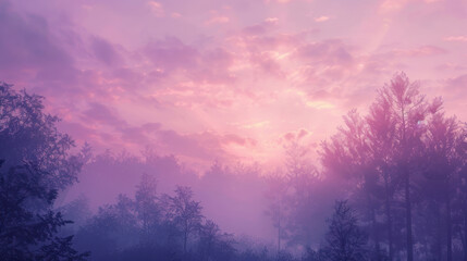 Fototapeta premium The soft pink and purple hues of an evening sky over a peaceful forest, the day coming to a calm close