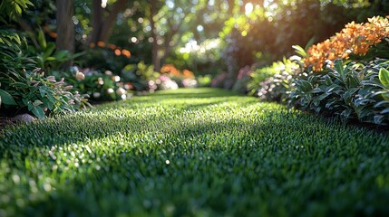 Lush garden path with vibrant flowers and greenery, inviting tranquility and nature appreciation.