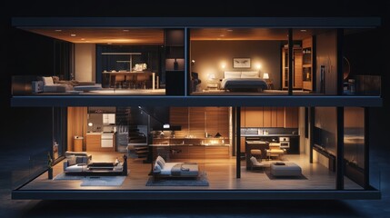 3D-rendered cross-section of a house, sliced to display interiors including a cozy bedroom, stylish kitchen, and spacious living area.