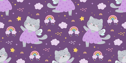 Seamless pattern with cute fairy tale cat