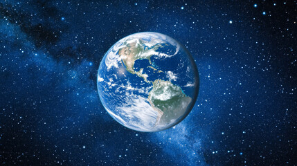Earth in space universe planet with shiny star dark blue technology science background with copy space. astronomy starry sky shimmering glow wallpaper