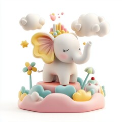 Naklejka premium Cute Elephant Figures with Clouds and Flowers Decoration
