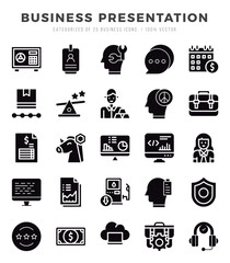 Set of Business Presentation icons in Glyph style. Glyph Icons symbol collection.