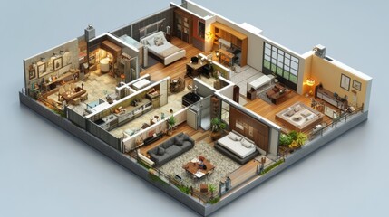 Obraz premium Detailed 3D illustration of a sliced house concept, with each floor and room viewable, including kitchen, living room, and bedroom.