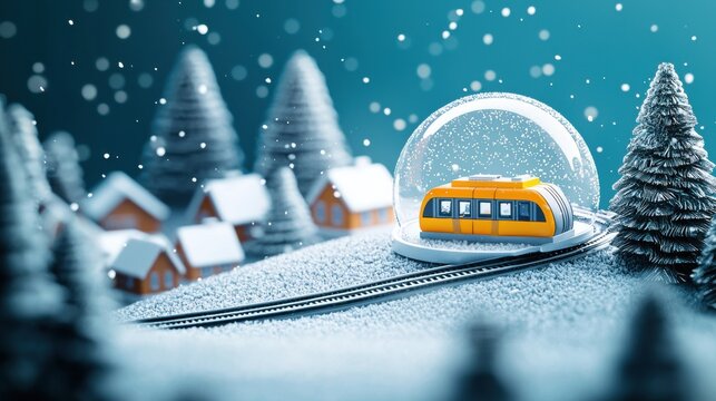 A snow globe featuring a miniature winter wonderland, with a tiny hyperloop capsule circling a snow covered village.