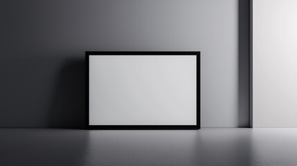 Blank horizontal frame on a grey wall and surface, 