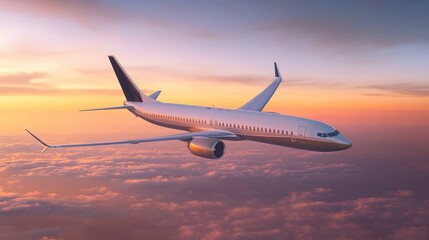 Fototapeta premium Airplane Flying Through the Sunset Clouds
